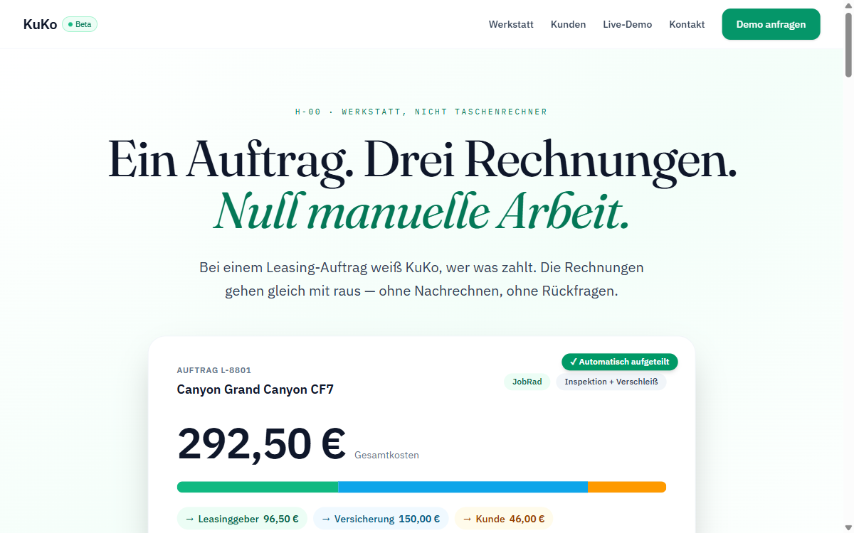 KuKo Werkstatt-Software — Marketing-Site Hero, Screenshot der Live-Webseite
